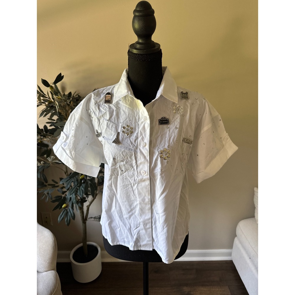 Karl Lagerfeld Paris Limited Edition Embellished White Button Down Shirt Small
